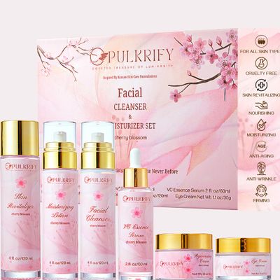 PULKRIFY Luxurious Korean Style Cherry Blossom Facial Cleanser Moisturizer Set, Facial Cleanser, Moisturizer, Revitalizer, Serum, Rejuvenator, Eye Cream, Daily Skincare Routine, Retinol Free
