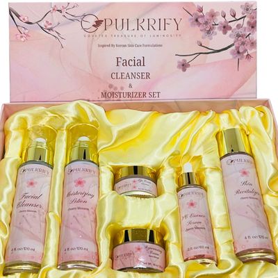 PULKRIFY Luxurious Korean Style Cherry Blossom Facial Cleanser Moisturizer Set, Facial Cleanser, Moisturizer, Revitalizer, Serum, Rejuvenator, Eye Cream, Daily Skincare Routine, Retinol Free