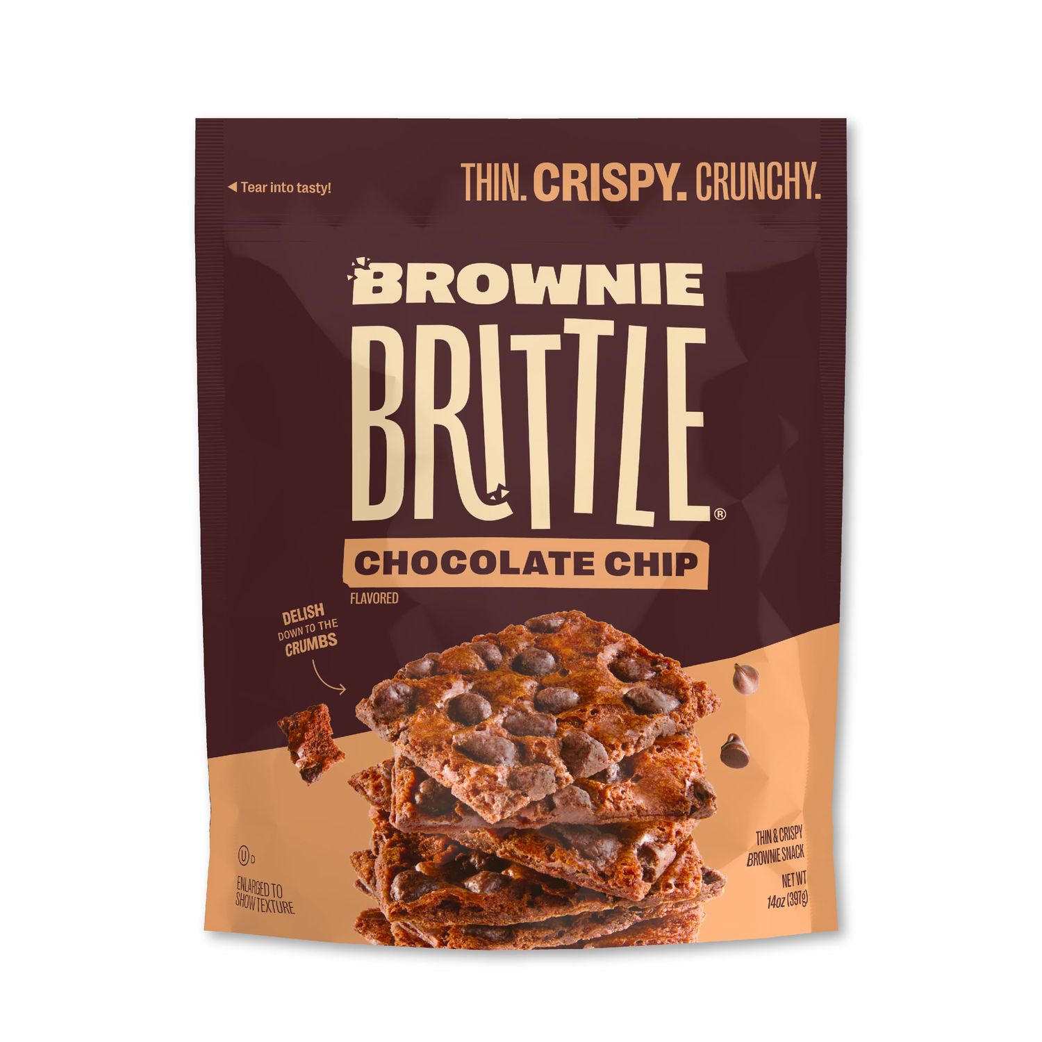 Brownie Brittle - Original Chocolate Chip Thin and Crispy Sweet Snacks, Family Size (Pack of 1, 14 oz), Rich Gourmet Brownie Bites Dessert