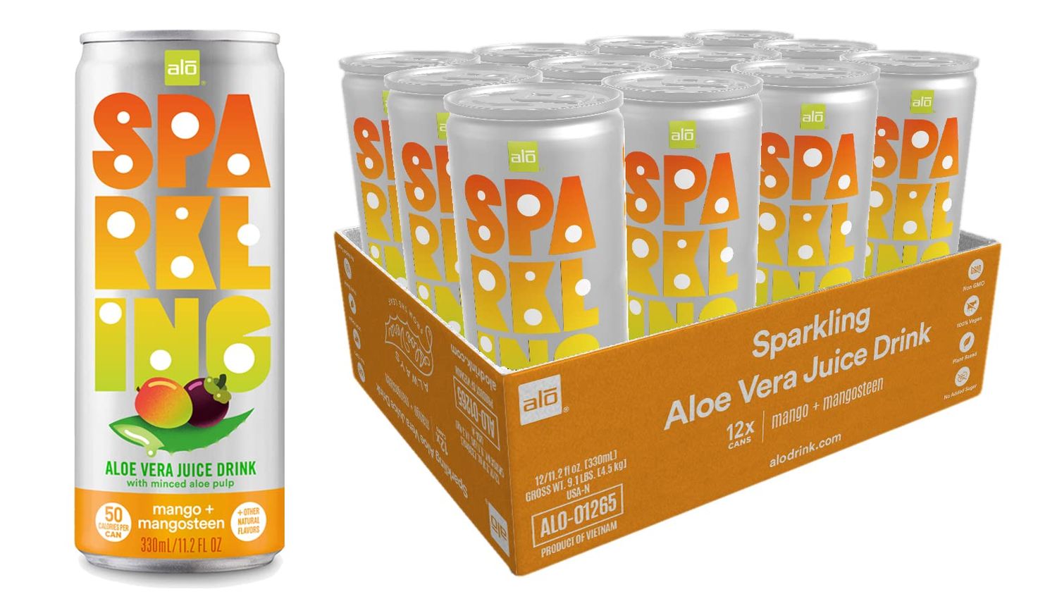 ALO Sparkling Mango Mangosteen Carbonated Aloe Vera Juice Drink 11.2 fl oz, Pack of 12 Plant-Based Beverage, Vegan