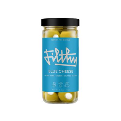 Filthy Blue Cheese Stuffed Olives, Premium Cocktail Garnish, Blue Cheese Stuffed Olives, Naturally Cured Queen Olives Stuffed With Real Wisconsin Blue Cheese for Martinis, 8.5 Oz Jar, 14 Olives