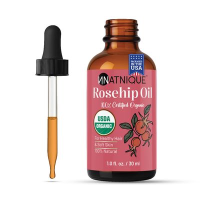 Natnique Rosehip Seed Oil Organic 1oz, USDA Certified, 100 Pure Rosehip Oil for Face, Hair Skin. Cold Pressed Natural Moisturizer for Hair, Skin Scalp Nails. Ideal to use for Gua Sha Massage.