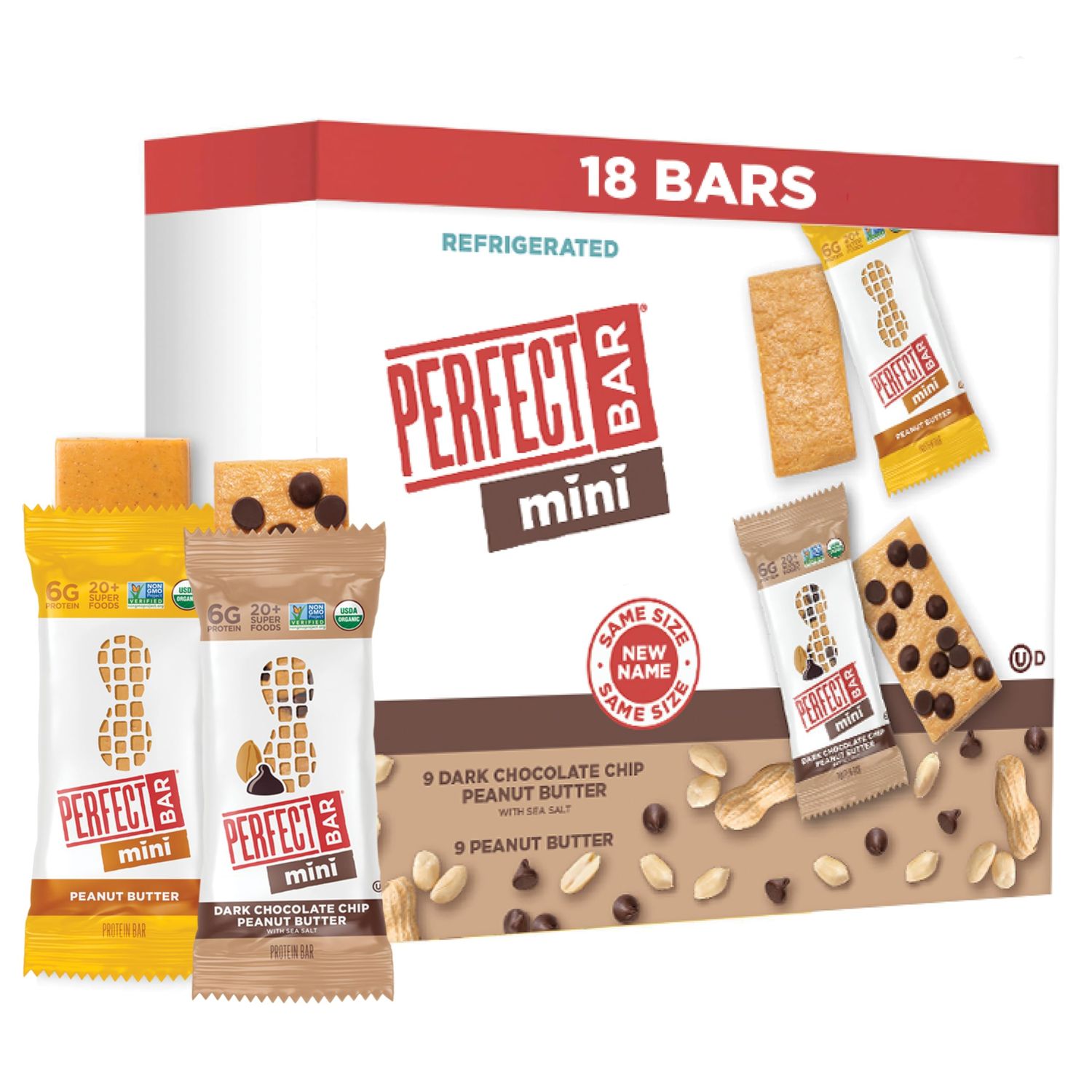 Perfect Bar Mini, Peanut Butter and Dark Chocolate Chip Peanut Butter Variety Pack, Protein Snack, Snack Bar, Organic, Gluten Free, Soy Free, Non GMO, No Sugar Alcohols, 18 count, .88 oz