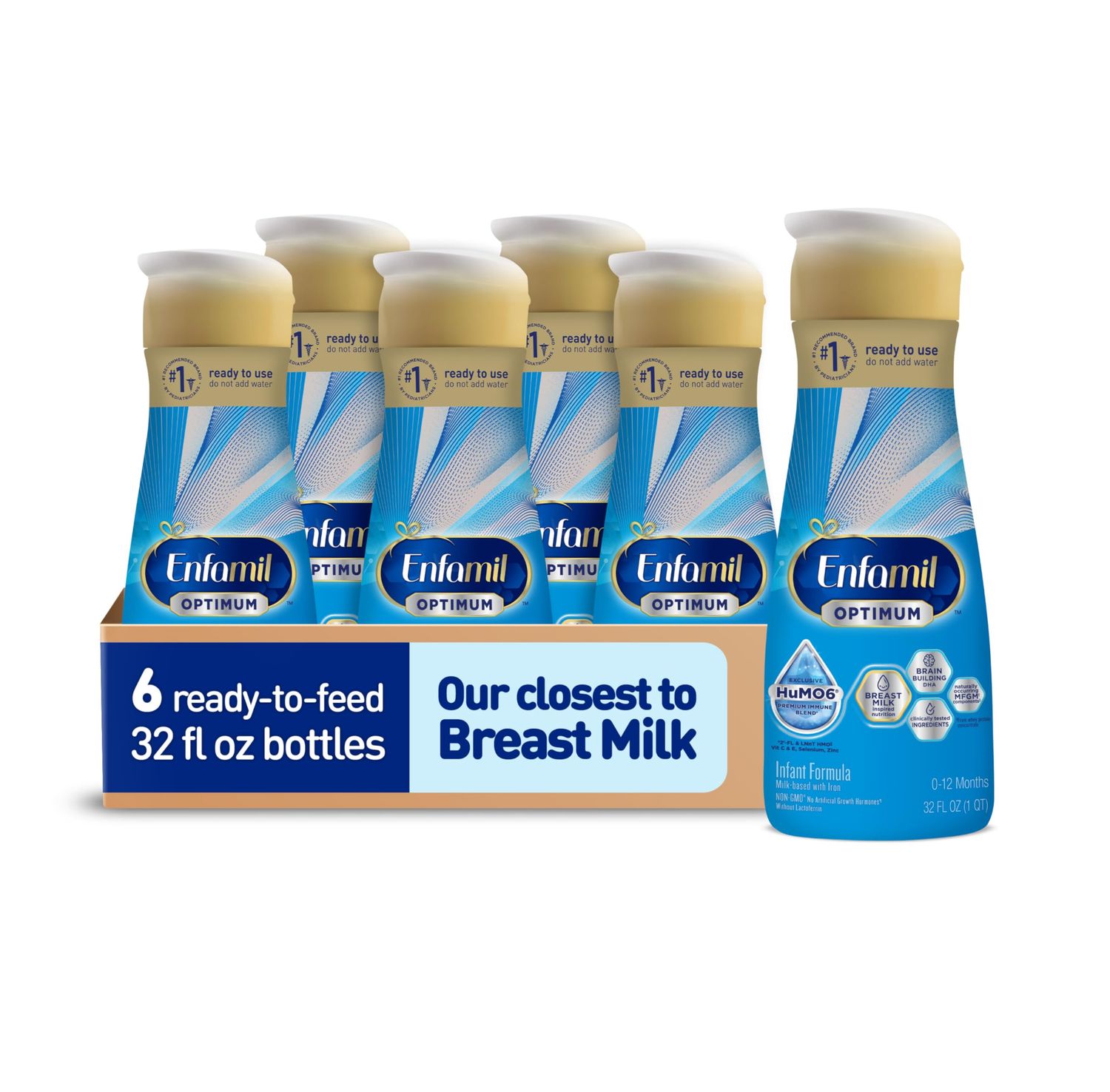 Enfamil Optimum Baby Formula, Our Closest Formula to Breast Milk, Brain-Building DHA, Immune-Supporting LnNT, Ready to Feed, Baby Milk, 32 Fl Oz, Pack of 6