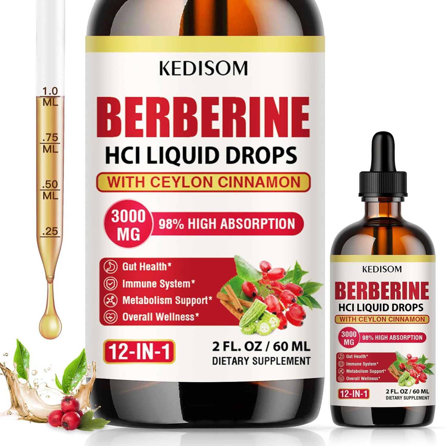KEDISOM 12-in-1 Berberine Supplement Liquid Drops 2 Fl Oz, 3000mg Liposomal Berberine HCL Complex with Ceylon Cinnamon Plus Turmeric for Metabolism, Gut Balance, Immune Support, Heart Health