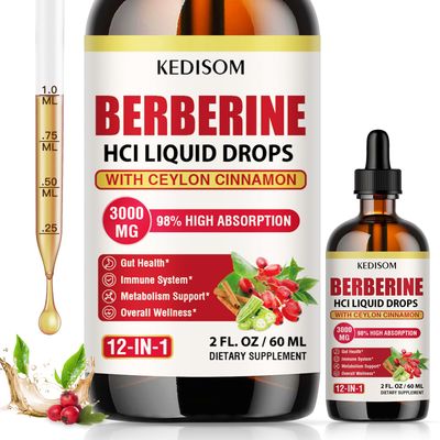 KEDISOM 12-in-1 Berberine Supplement Liquid Drops 2 Fl Oz, 3000mg Liposomal Berberine HCL Complex with Ceylon Cinnamon Plus Turmeric for Metabolism, Gut Balance, Immune Support, Heart Health