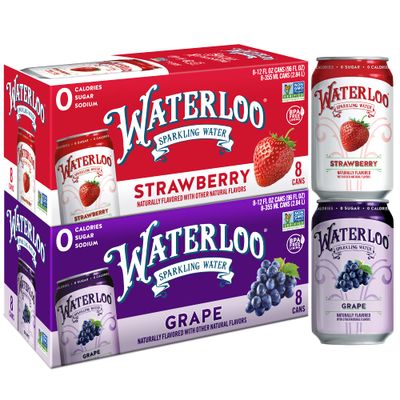 Waterloo Sparkling Water Two-Flavor Pack, 12 Fl Oz Cans, Pack of 16, 8 x Grape, 8 x Strawberry Zero Calories Zero Sugar or Artificial Sweeteners Zero Sodium