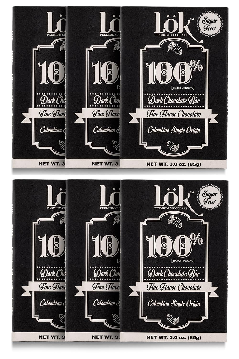 Lok Dark Chocolate Bar 100 Cacao Fair Trade, Kosher, Gluten Free, Vegan, Bean-to-Bar, Sugar-Free, No Sugar Alcohol, No Artificial Sweetener, Keto Friendly, Low-Carb, Paleo 3.0 Ounce 6 Pack