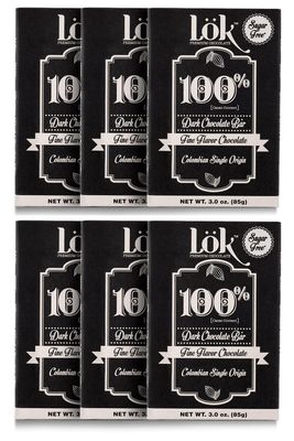 Lok Dark Chocolate Bar 100 Cacao Fair Trade, Kosher, Gluten Free, Vegan, Bean-to-Bar, Sugar-Free, No Sugar Alcohol, No Artificial Sweetener, Keto Friendly, Low-Carb, Paleo 3.0 Ounce 6 Pack