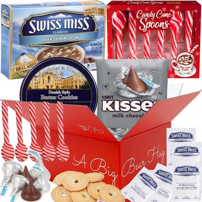 Chocolate Gift Set SwissMiss Milk Chocolate Marshmallow Hot Cocoa Mix, Peppermint Candy Cane Spoons, Hershey Kisses Milk Chocolate, Danish Cookies, MUCHAI Gift Box (Deluxe Box Size, Yummy Treats)