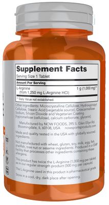 NOW Foods Sports Nutrition, L-Arginine Double Strength 1000mg, Nitric Oxide Precursor, Amino Acids, 60 Tablets