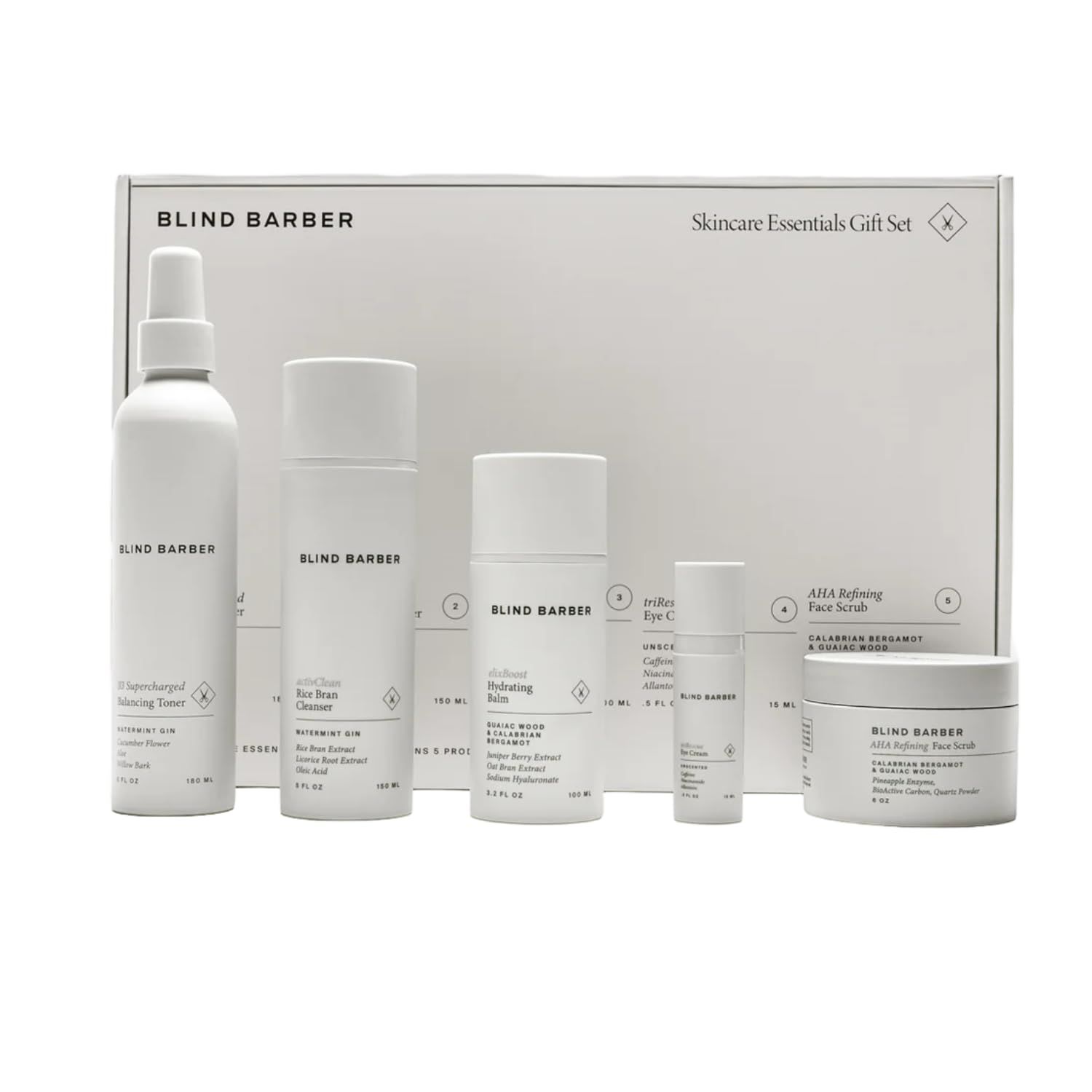 Blind Barber Regimen Skin Care Set - Face Scrub, Under Eye Cream, Supercharged Face Toner, Rice Bran Facial Cleanser Hydrating Balm - 5 Mens Skin Care Products for Daily Use - (5 Count)