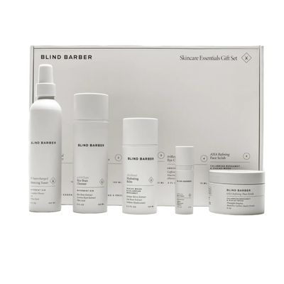 Blind Barber Regimen Skin Care Set - Face Scrub, Under Eye Cream, Supercharged Face Toner, Rice Bran Facial Cleanser Hydrating Balm - 5 Mens Skin Care Products for Daily Use - (5 Count)