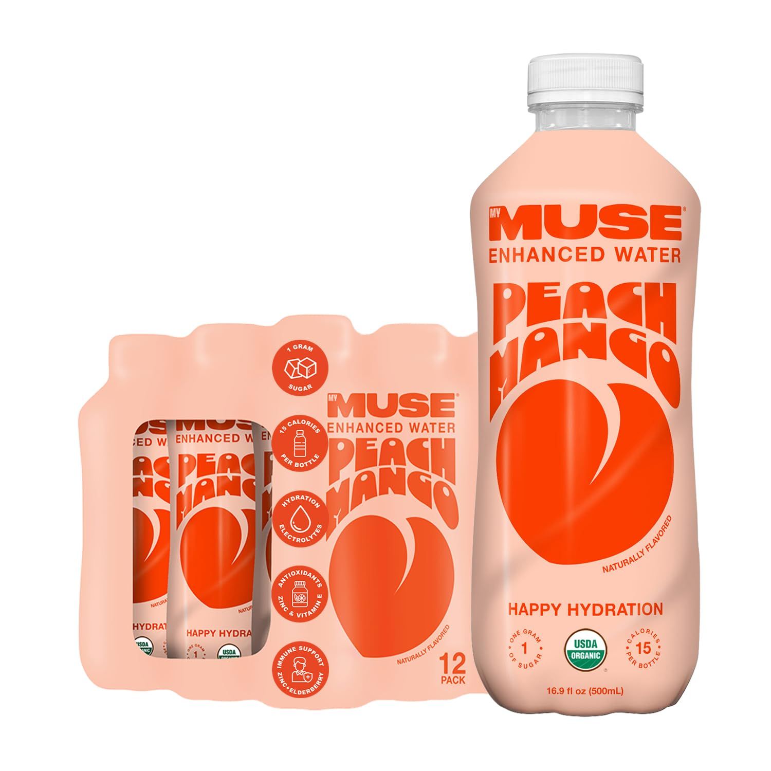 MyMuse Organic Enhanced Flavored Water, Peach Mango, 16.9oz Bottle (12 Pack), Zero Sugar Added, With Zinc, Vitamin A, C E, Elderberry, Immunity Support, Low Calories, Healthy, Organic, Keto Friendly
