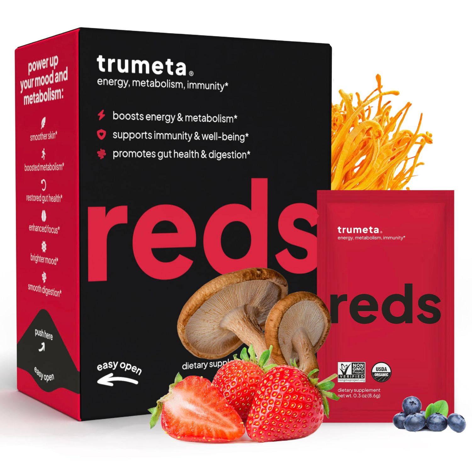 TRUMETA Superfood Reds Powder Packs - for Immune Support and Memory I Reds Superfood Powder Antioxidants Polyphenols Blend with Organic Acai Berry, Goji Berry, Pomegranate - 30 Sachets
