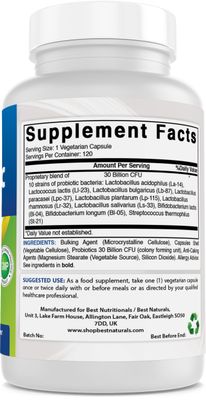 Best Naturals Probiotic 10 Strains 30 Billion CFU Intestinal Flora, 120 Veggie Capsules - Shelf Stable probiotic (4146365)