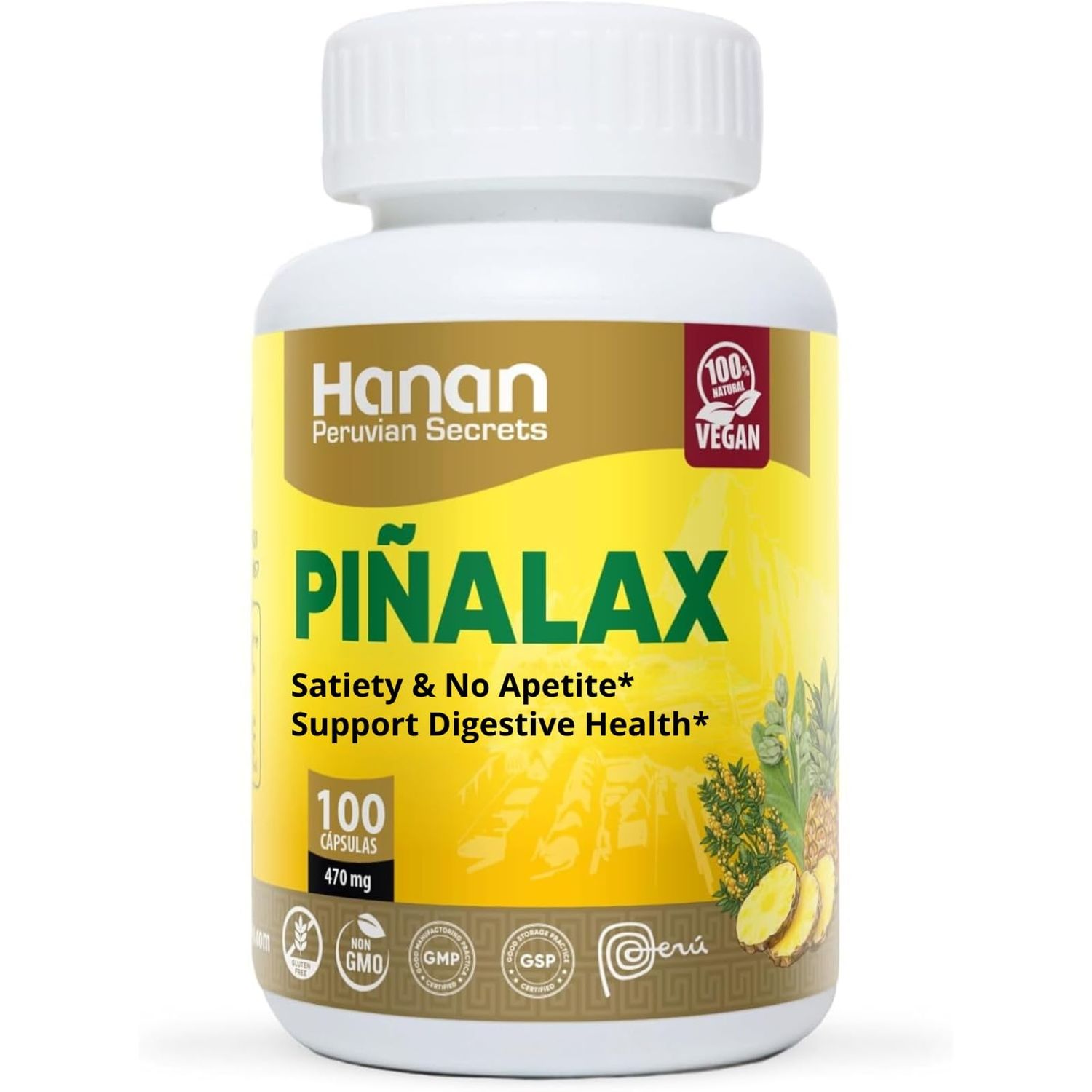Hanan Pi alax 100 Capsules of Pineapple, Green Tea, Artichoke, Stevia, Yacon Leaves, Senna, Horsetail and Fennel from Peru Herbal Supplement - for Natural Cleanse Detox