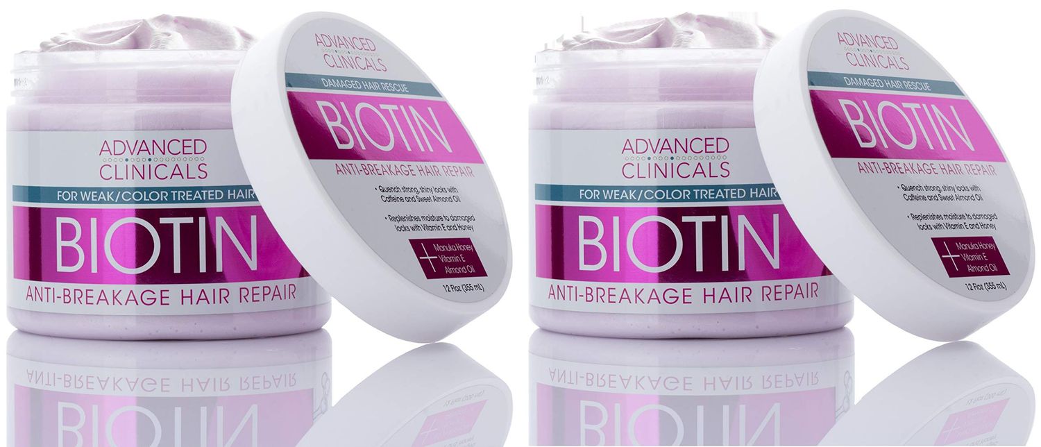 Advanced Clinicals Biotin Hair Treatment Anti-Breakage Repair Hair Mask. Strengthen Broken, Color-Treated Hair WRepairing Deep Conditioner Manuka Honey Caffeine To Restore Weak Hair, (Pack Of 2)