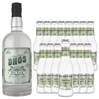 Dhos Handcrafted Non-Alcoholic Gin w 15 Pack Fever Tree Sparkling Cucumber - Keto-Friendly, Zero Sugar, Zero Calories, Zero Proof - 750 ML - Perfect for Mocktails - Made in USA