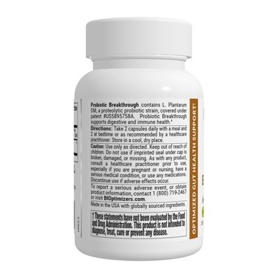 BIOptimizers Probiotic Breakthrough, Proteolytic Prebiotics Probiotics Supplement - Lactobacillus Plantarum OM for Immune, Bloating Gut Relief Support, 60 Vegan Capsules