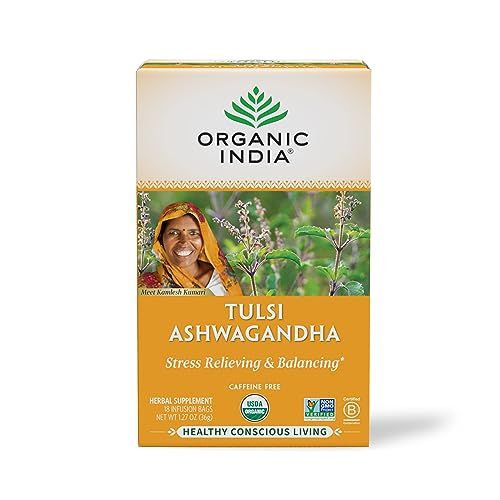 ORGANIC INDIA Calming Tulsi Ashwagandha Tea - Organic Tea Bags, Holy Basil Tea, Vegan, USDA Certified Organic, Non-GMO, Caffeine Free Tea - 18 Infusion Bags, 1 Pack