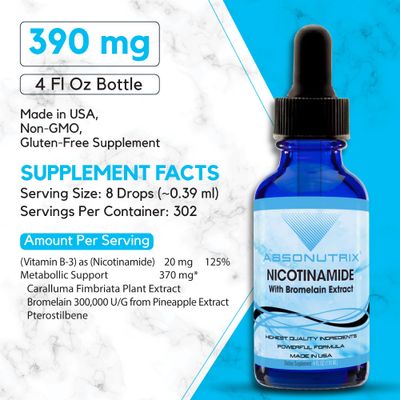 Absonutrix Nicotinamide with Bromelain Extract Advanced Formula 390 mg, 4 Oz Liquid, 302 Servings, Made in USA, Quick Absorption, Quality Potent Ingredients, Non-GMO, GMP Certified Facility