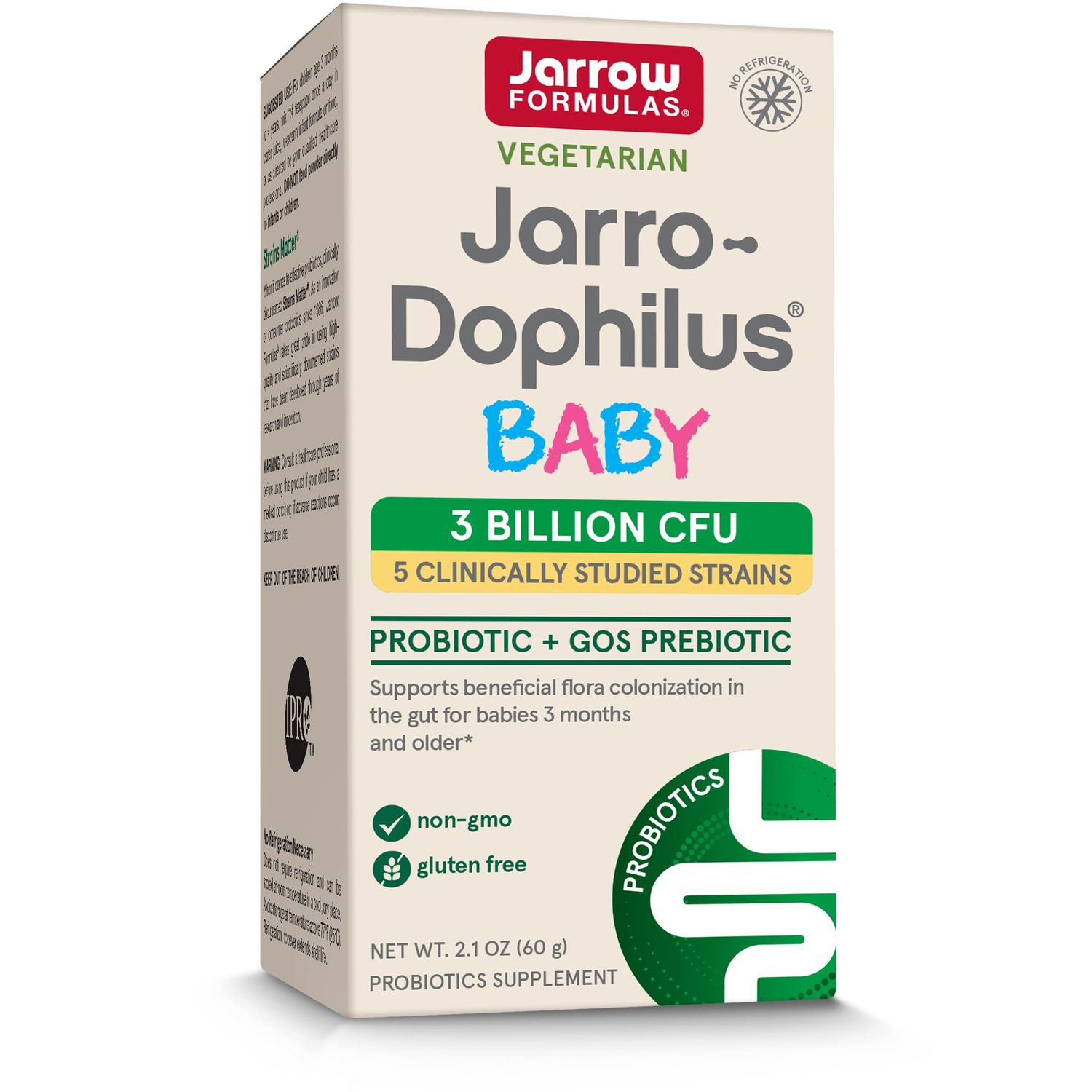 Jarrow Formulas Jarro-Dophilus Baby Probiotic GOS Prebiotic, Dietary Supplement, Gut Support for Babies, 2.1 oz Powder, 60 Day Supply