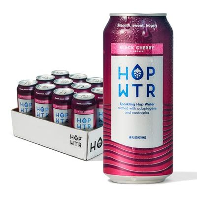 HOP WTR Sparkling Hop Water, Black Cherry 12 Pack, Sugar Free, Low Carb Non Alcoholic Drinks, NA Beer, Adaptogen Drink, No Calories, Adaptogens Nootropics for Added Benefits, 16 oz Cans