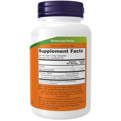 NOW Supplements, Cinnamon Bark 600 mg, Non-GMO Project Verified, Healthy Glucose Metabolism, 120 Veg Capsules