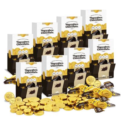 Maccabee Belgian Hanukkah Chocolate Gelt Coins Kosher Nut-free Dairy Bright Gold (8 Boxes, Each Box Contains 24 Mesh Sacks)