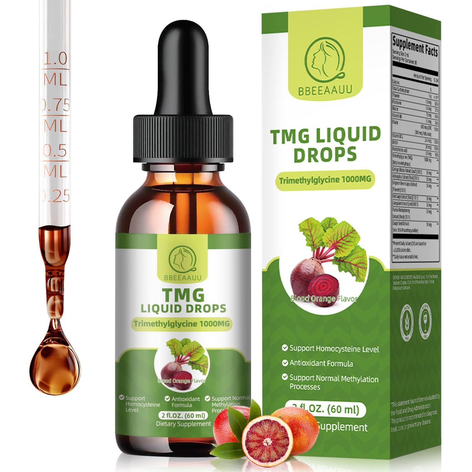 TMG Supplement Liquid Drops, Trimethylglycine 1000mg High Absorption, Boosts Energy, Supports Methylation, Liver Wellness Cognitive Function - Non-GMO, Vegan, Blood Orange Flavor, 2 Fl.Oz