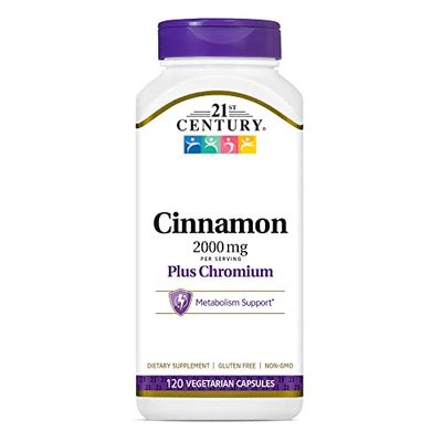 21st Century 2000 mg Cinnamon Plus Chromium Vegetarian Capsules (120 Count), Cinnamon Supplements Supports Sugar Carbohydrate Metabolism, Gluten-Free, Non-GMO, No Added Yeast or Artificial Flavors