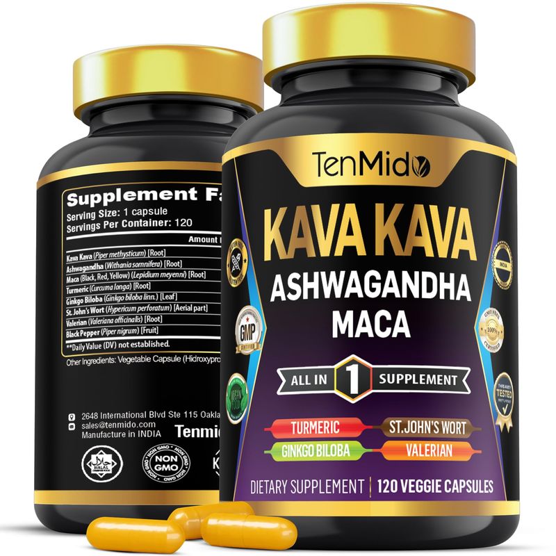 Tenmido Kava Kava Root Supplement - 8in1 Formula - Combine with Ashwagandha, Maca, Turmeric, Ginkgo Biloba, St. John's Wort, Valerian Black Pepper - 120 Vegan Capsules, 4 Months Supply