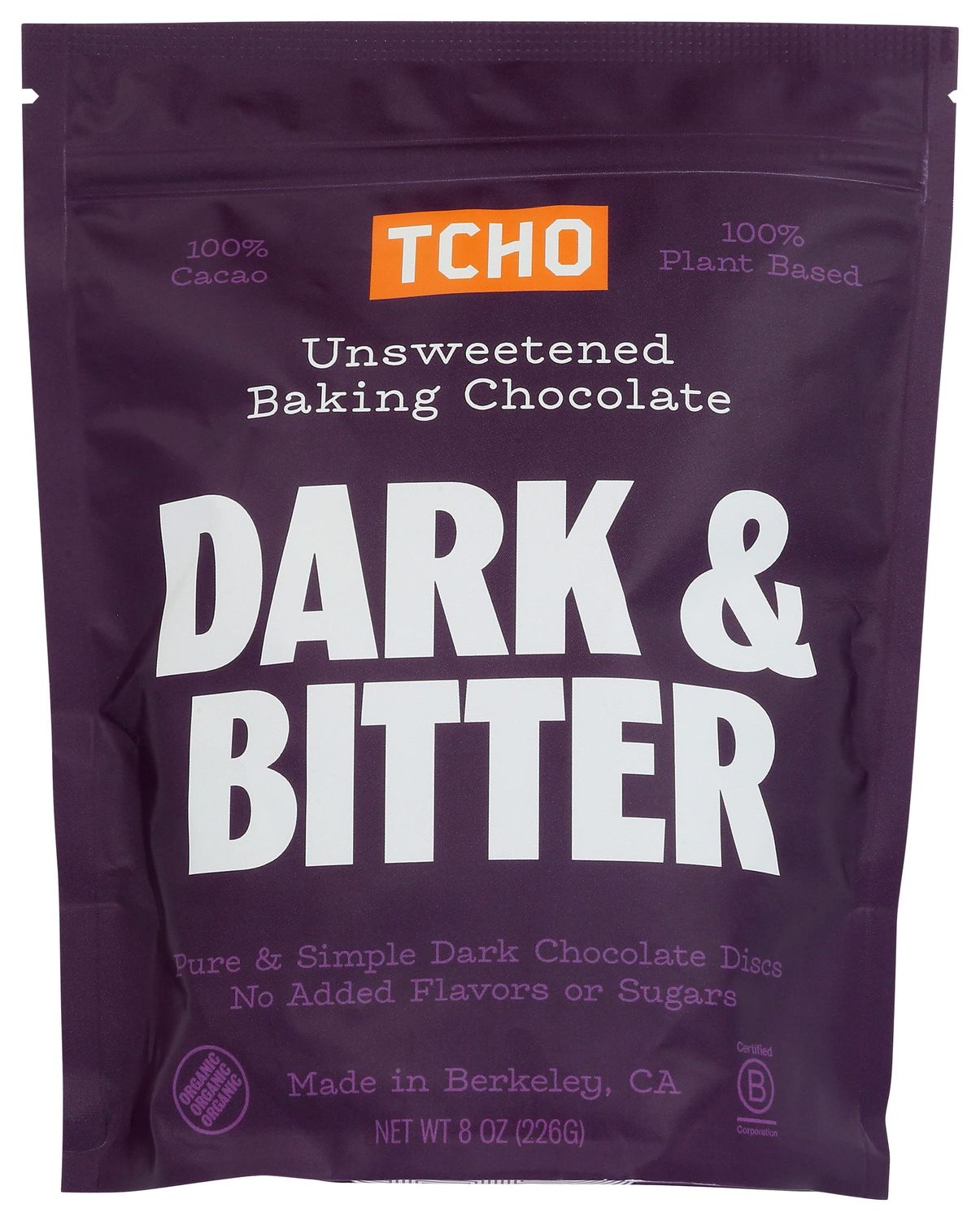 Tcho Unsweetened Baking Chocolate, Dark Bitter, 100 Plant Based, 100 Cacao, No Added Flavors or Sugars, Vegan, Kosher, USDA Certified Organic, Non-GMO, 8 Ounce (Pack of 6)