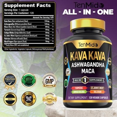 Tenmido Kava Kava Root Supplement - 8in1 Formula - Combine with Ashwagandha, Maca, Turmeric, Ginkgo Biloba, St. John's Wort, Valerian Black Pepper - 120 Vegan Capsules, 4 Months Supply