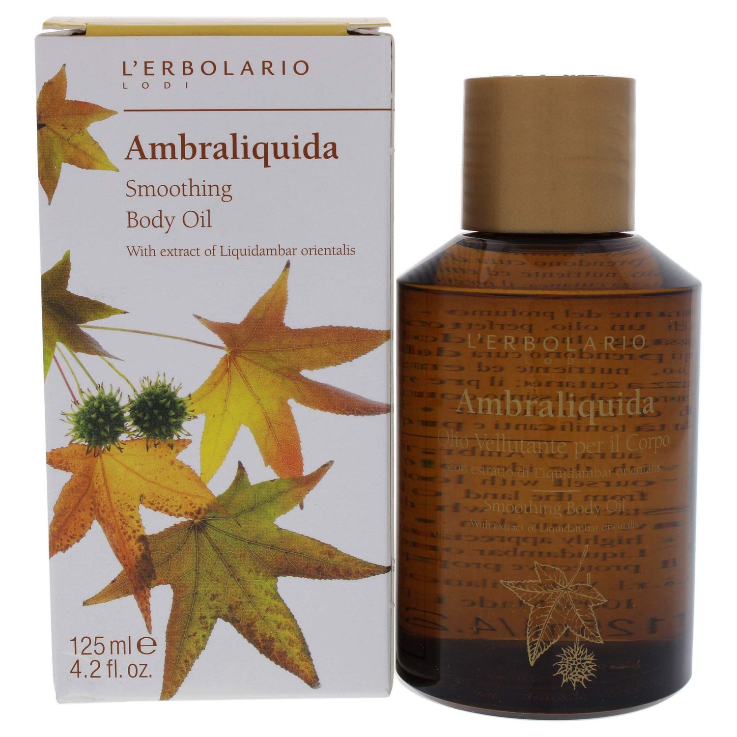 L Erbolario Ambraliquida Smoothing Body Oil - Massage Oil and Dry Skin Moisturizer - Firming, Anti-Aging - Vitamin E and Liquidambar Extract - 4.2 oz