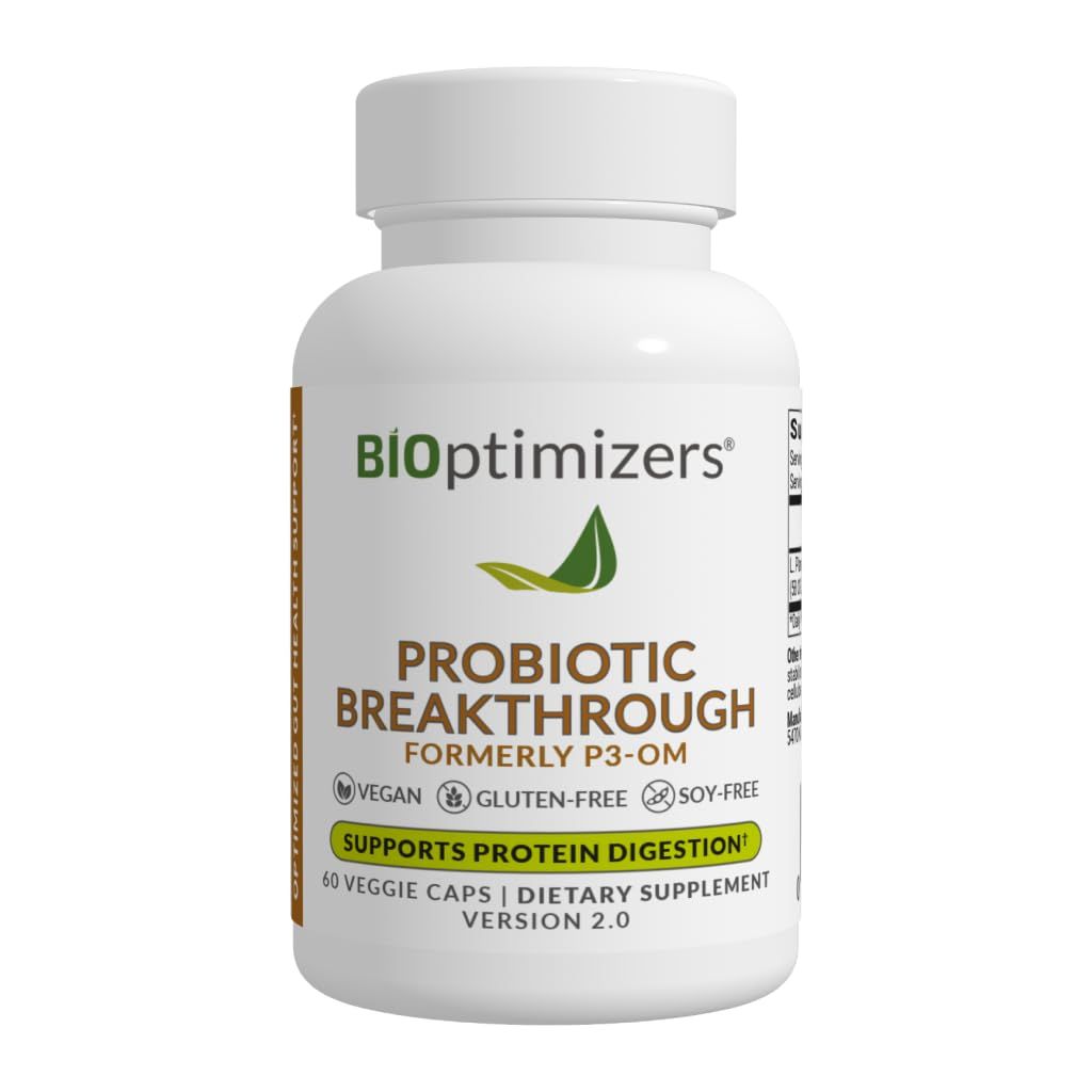 BIOptimizers Probiotic Breakthrough, Proteolytic Prebiotics Probiotics Supplement - Lactobacillus Plantarum OM for Immune, Bloating Gut Relief Support, 60 Vegan Capsules