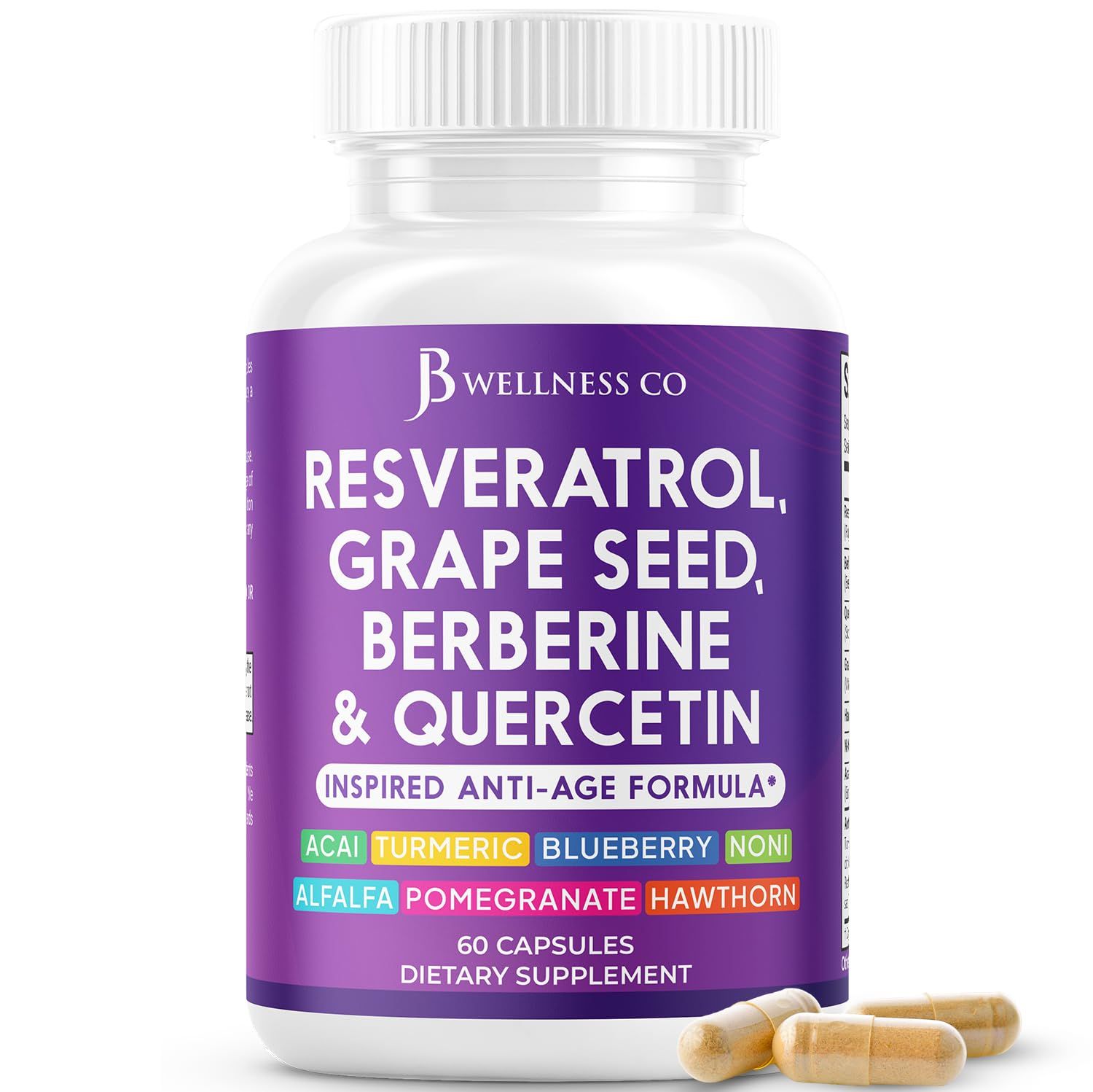 JB Wellness Resveratrol Grape Seed Extract, Berberine, Quercetin - Polyphenol Supplement for Women and Men with Noni Extract, N-Acetyl Cysteine, Acai Extract - 60 Capsules