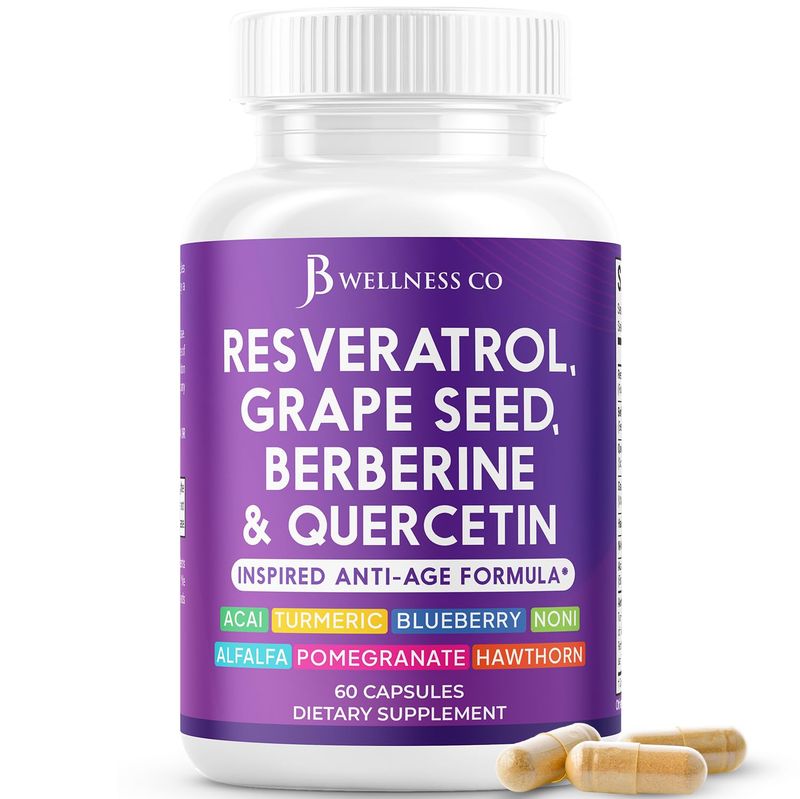 JB Wellness Resveratrol Grape Seed Extract, Berberine, Quercetin - Polyphenol Supplement for Women and Men with Noni Extract, N-Acetyl Cysteine, Acai Extract - 60 Capsules