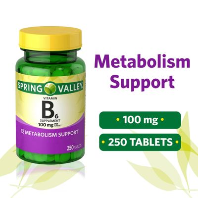 Vitamin B6 (Pyridoxine HCL), Dietary Supplement, 100 mg, 250 Tablets, Metabolism Support by Spring Valley (Pack of 1)