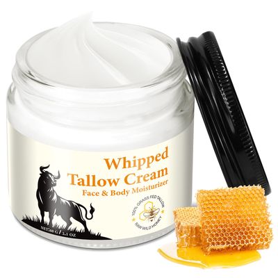 60g Whipped Beef Tallow Cream Balm - 100 Grass Fed Tallow, Raw Wild Honey Beeswax - Softens Dry, Rough Skin, Deep Hydrating - Suitabale for Dry Aging Skin - Face Body Moisturizer