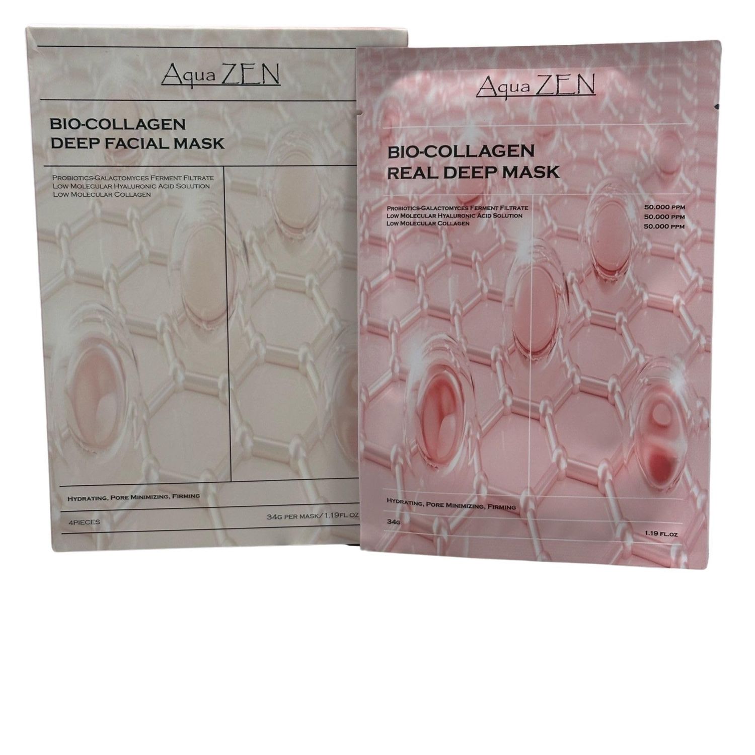 Aqua ZEN Bio-Collagen Deep Hydrogel Facial Mask Hydrating, Rejuvenating, Pore Minimizing, Firming - Collagen, Probiotics, Low Molecular Hyaluronic Acid, Niacinamide 34g x 4 Facial Masks