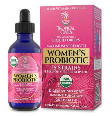 Tropical Oasis USDA Organic Liquid Probiotic for Women Digestive Support Gut Health Liquid Vitamins for Women 98 Absorption Vegan, Non-GMO 40 Servings