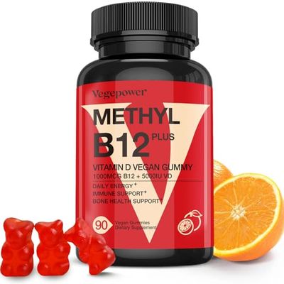 VEGEPOWER Vegan Vitamin D3 B12 Gummies, Methyl B12 Supplement for Adults Kids, Enhanced with Vitamin D 3 for Natural Energy, Immune, Metabolism Focus, Orange, 90 Gummies