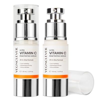Vegnclever Super Vitamin C Serum - Super Moisturizing, Anti-Aging All-In-One Formula with Niacinamide, Collagen Peptides, Caffeine, and Vitamin E, Original Vitamin C Face Serum - 2 Pack