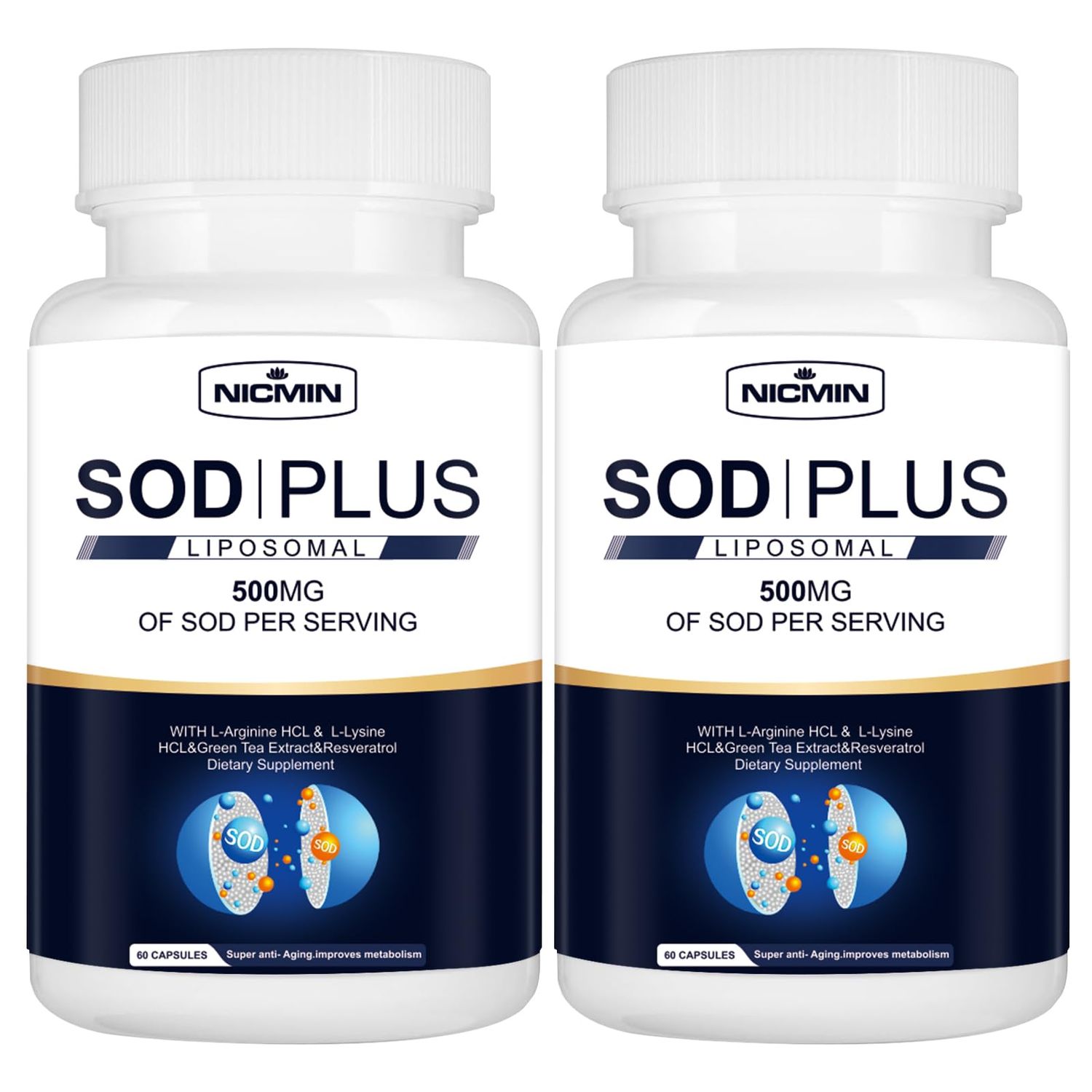 NICMIN 500MG Superoxide Dismutase Supplement - SOD Plus with Liposomal Glutathione, AKG, Green Tea Extract, L-Arginine, Lysine, Resveratrol and Vitamin E for Immune Support, Antioxidant 120 Capsules