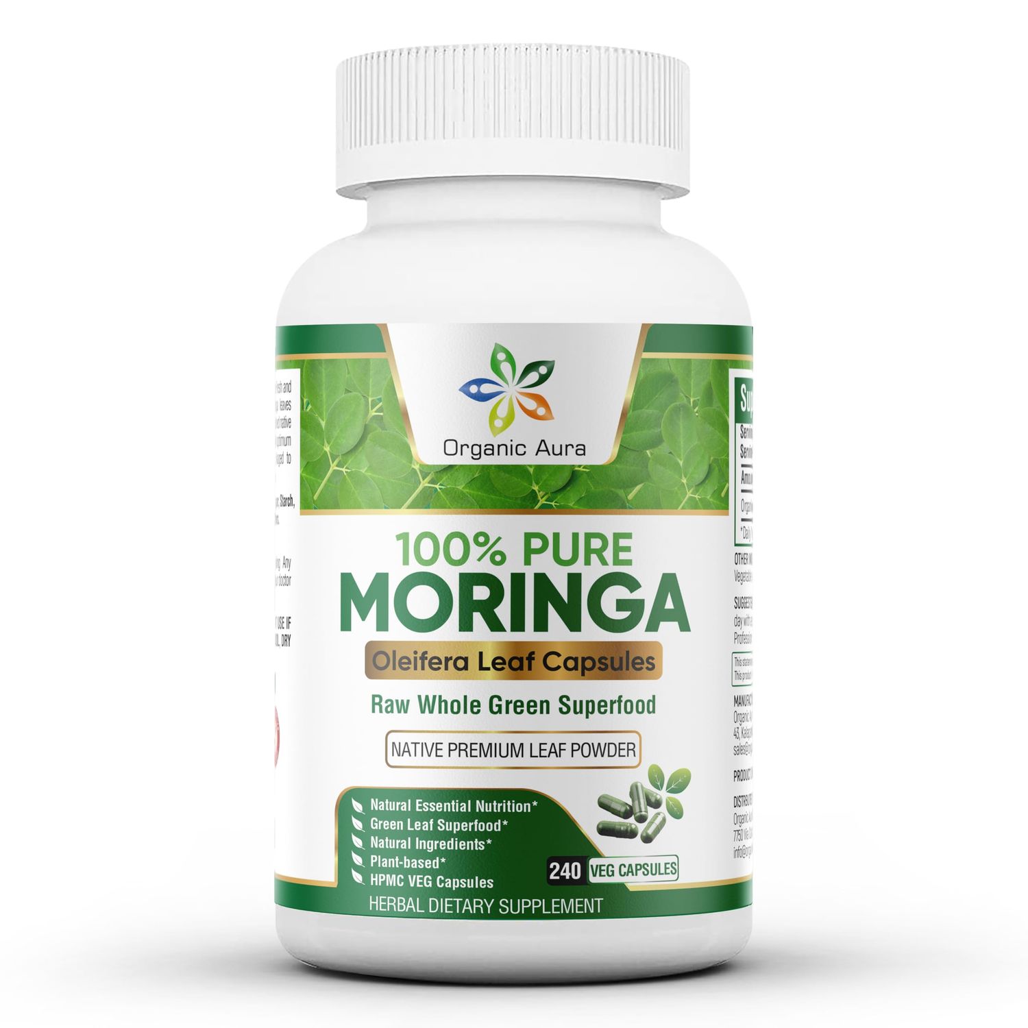 Organic Aura Moringa Capsules - 240 HPMC Veg Capsules - Naturally Supports Metabolism, Lactation and Immunity