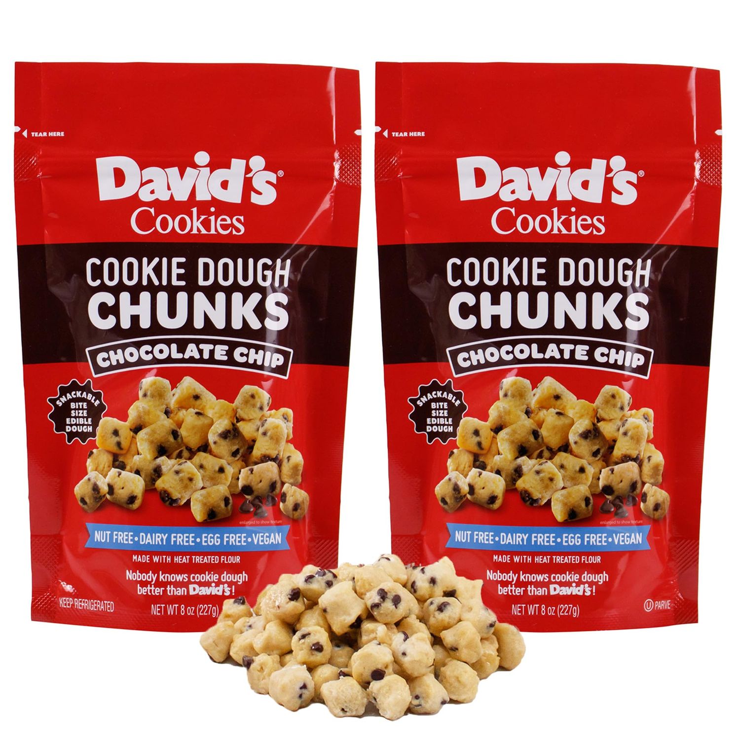 David s Cookies Chocolate Chip Edible Cookie Dough Chunks - 2 Bags (8oz Each) - Vegan, Nut-Free, Dairy-Free, Egg-Free - Classic Chocolate Chip Cookie Dough Bites - wHeat-Treated Flour, Go-to-Snack