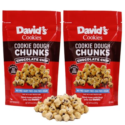 David s Cookies Chocolate Chip Edible Cookie Dough Chunks - 2 Bags (8oz Each) - Vegan, Nut-Free, Dairy-Free, Egg-Free - Classic Chocolate Chip Cookie Dough Bites - wHeat-Treated Flour, Go-to-Snack
