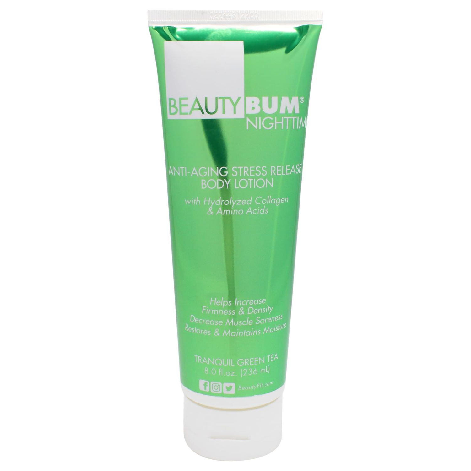 BeautyFit BeautyBum Nighttime Anti-Aging Stress Release Body Lotion - Helps Muscle Recovery - Moisturizes, Smoothes Skin - Tranquil Green Tea - 8 oz